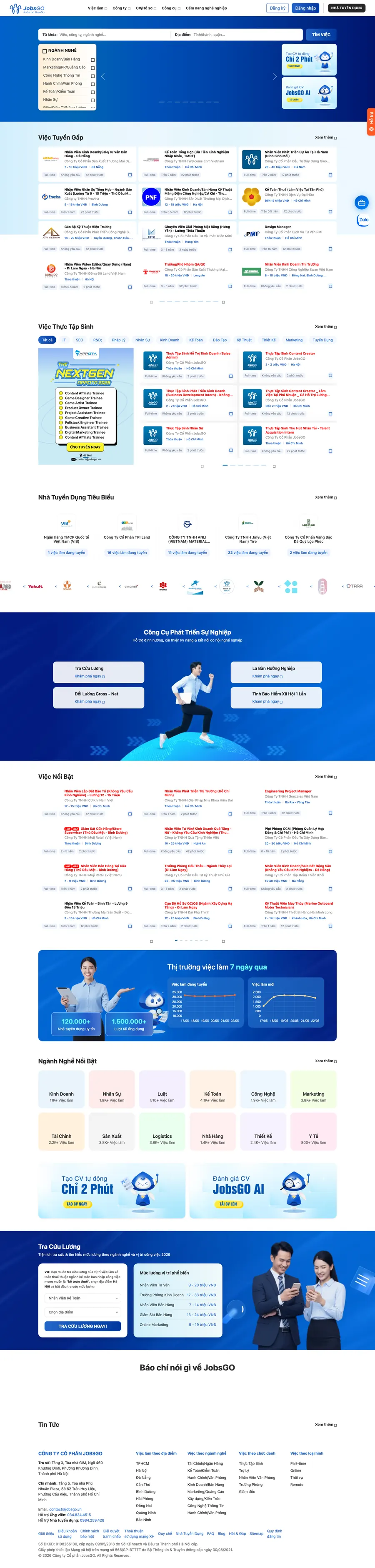 Toàn trang chủ jobsgo.vn sau khi thiết kế lại.