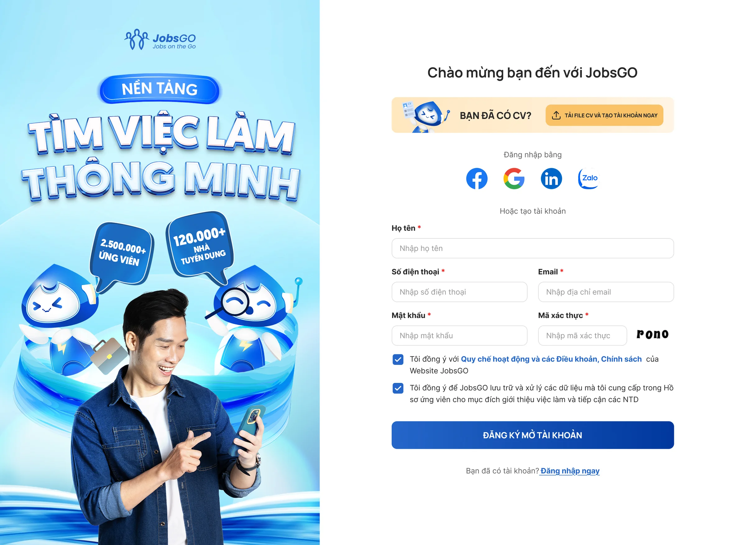 Màn đăng ký JobsGO: hình ảnh Nền tảng tìm việc làm thông minh bên trái, bên phải là lối tắt tải CV, bốn nút đăng nhập mạng xã hội và biểu mẫu tạo tài khoản.